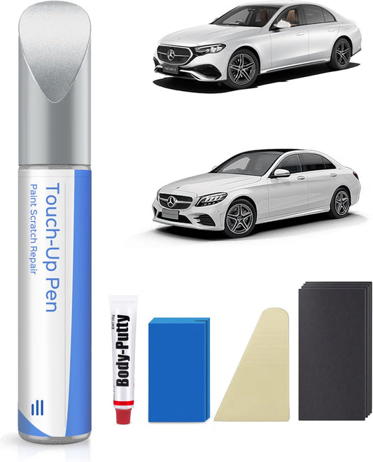 Mercedes Arctic White 650 9650 touch-up paint kit shown with E-Class and C-Class — touch-up paint, body putty, spatula, sanding pad and four sandpaper sheets