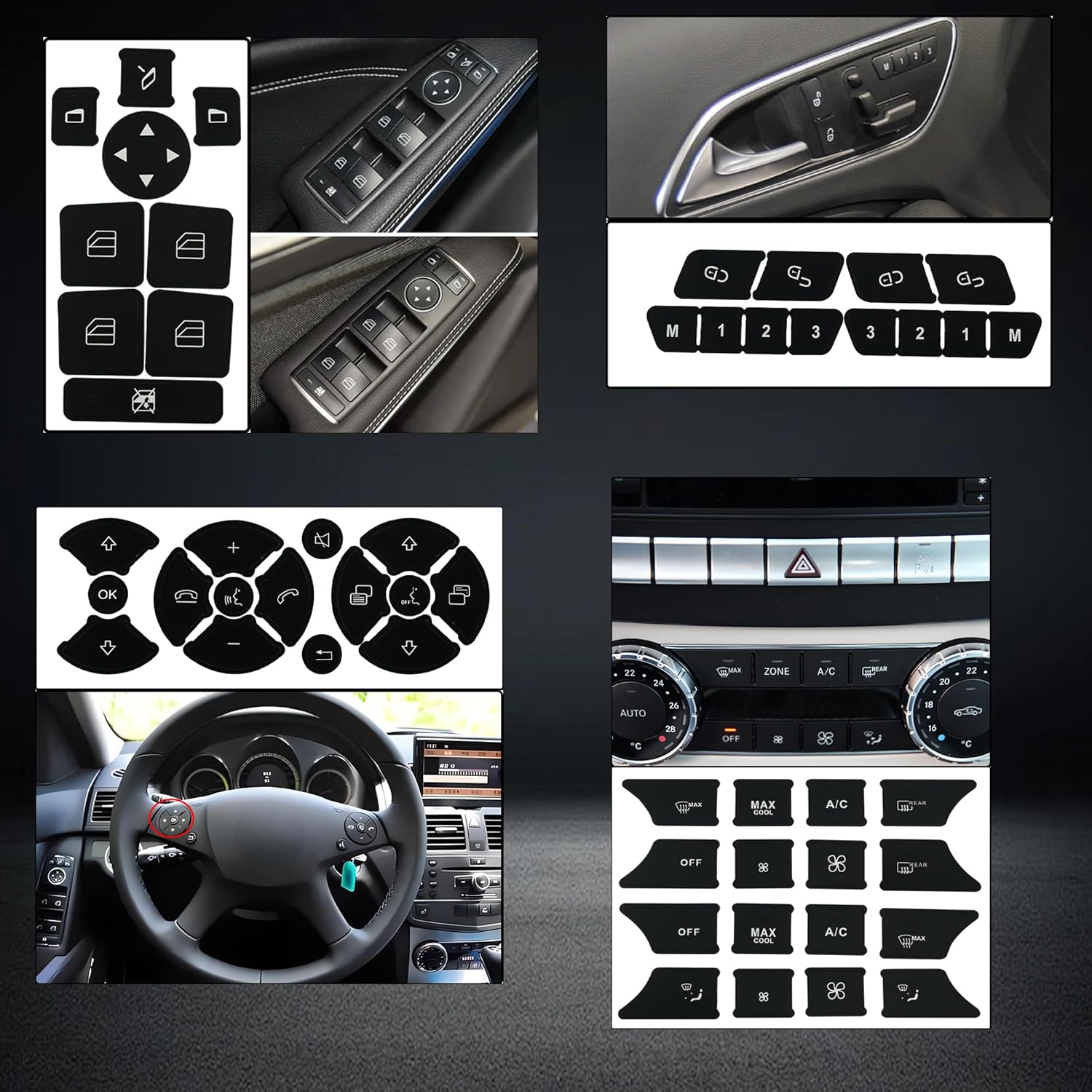 Close-up of Mercedes-Benz E-Class ML GL media radio tone tel buttons climate AC off max cool and window steering gear shift decal set for faded button repair 2008-2014