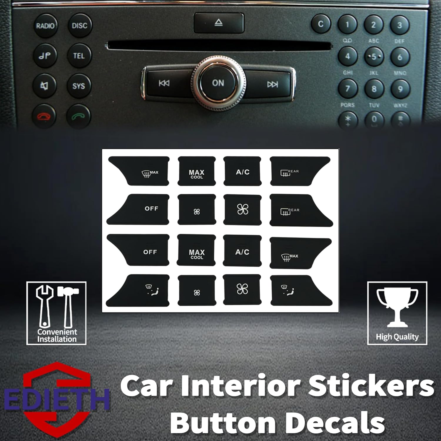 Mercedes-Benz W204 C-Class radio panel with DISC TEL SYS buttons and AC climate decal stickers including MAX COOL OFF REAR for interior restoration EDIETH high quality kit 2008-2014
