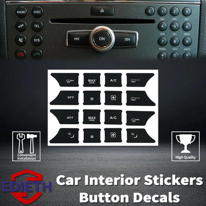 Mercedes-Benz W204 C-Class radio panel with DISC TEL SYS buttons and AC climate decal stickers including MAX COOL OFF REAR for interior restoration EDIETH high quality kit 2008-2014