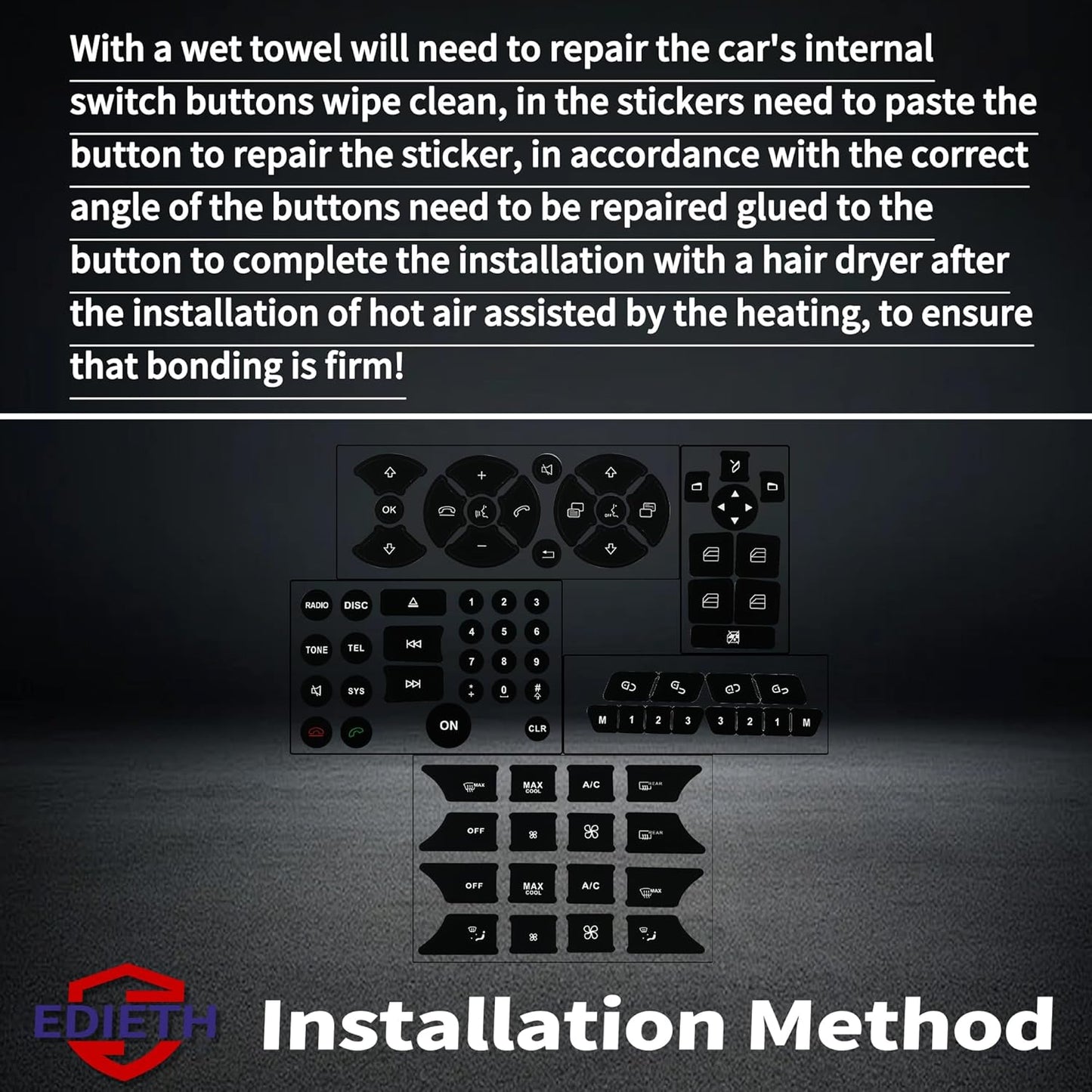 Installation method for Mercedes-Benz W204 E-Class button decals 2008-2014 showing wet towel cleaning peel-and-stick application and hair dryer heating for firm bonding