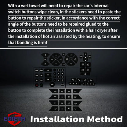 Installation method for Mercedes-Benz W204 E-Class button decals 2008-2014 showing wet towel cleaning peel-and-stick application and hair dryer heating for firm bonding