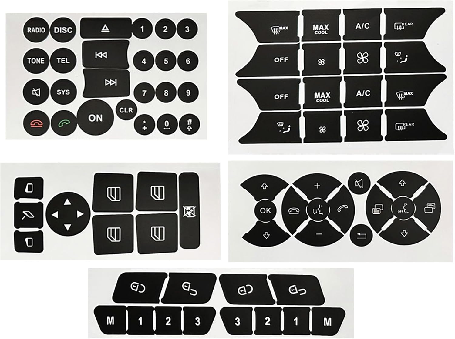 Mercedes-Benz W204 GLK interior button decal layouts for door window switches steering wheel controls climate AC panel and gear shift numbers 2008-2014 restoration stickers