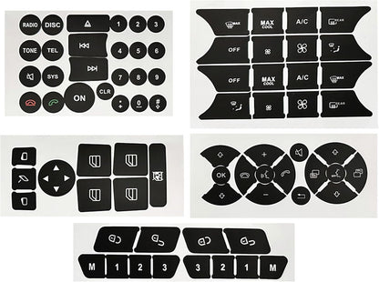 Mercedes-Benz W204 GLK interior button decal layouts for door window switches steering wheel controls climate AC panel and gear shift numbers 2008-2014 restoration stickers
