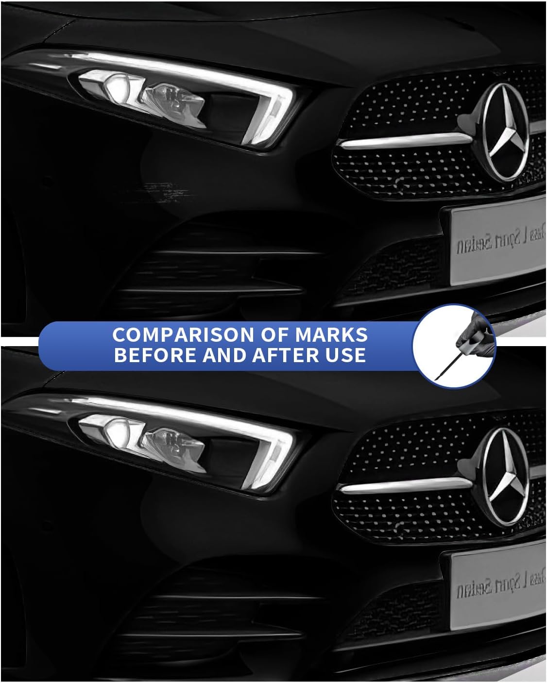 Scratch beside the headlight on a black Mercedes before and after repair with 040 9040 touch-up paint