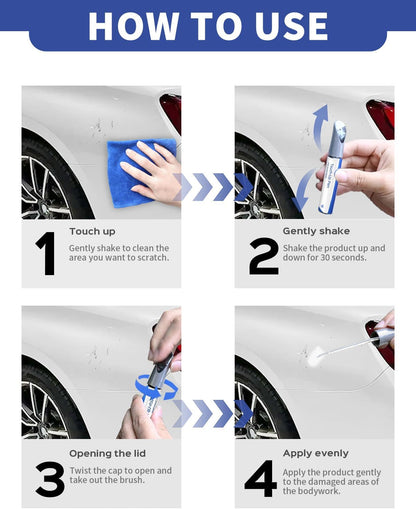Four steps for using the touch-up paint: clean the area, shake for 30 seconds, twist the cap open, apply to the damaged paint