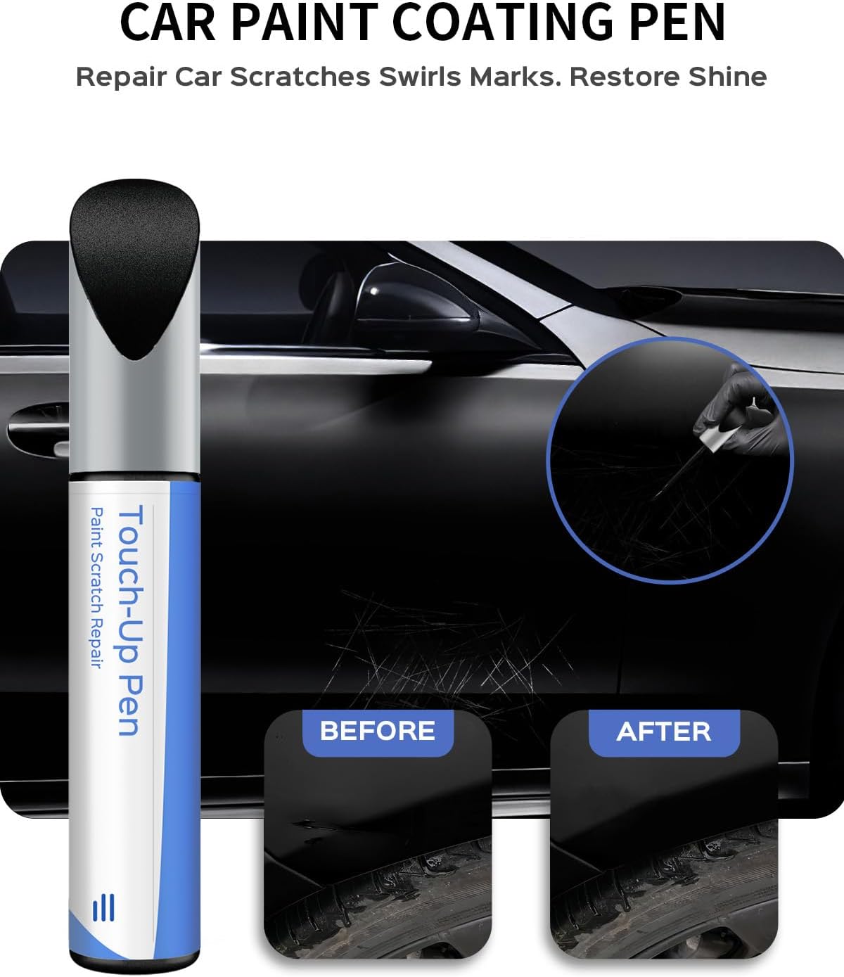 Mercedes Black 040 9040 touch-up paint applicator shown with close-up repair examples
