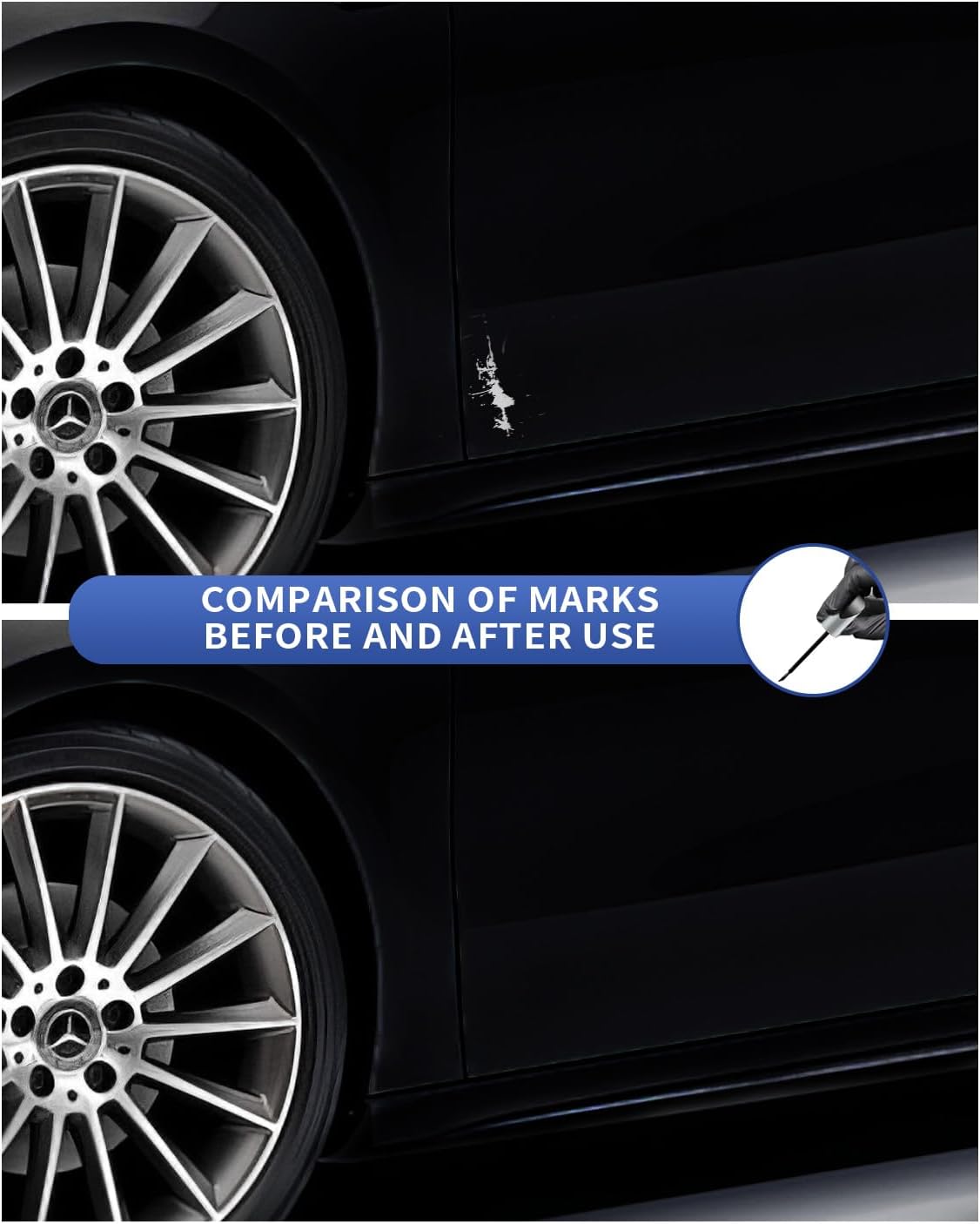 Paint damage on the side of a black Mercedes before and after repair with 040 9040 touch-up paint