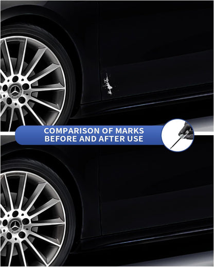 Paint damage on the side of a black Mercedes before and after repair with 040 9040 touch-up paint