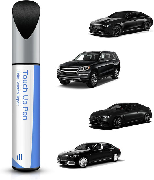 Mercedes Black 040 9040 touch-up paint shown with Mercedes sedans, a wagon and an SUV finished in black