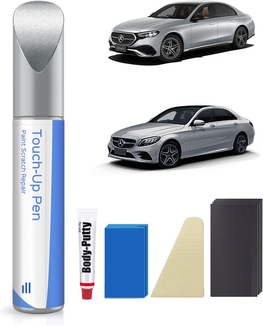 Mercedes Brilliant Silver 744 9744 touch-up paint kit shown with E-Class and C-Class — touch-up paint, body putty, spatula, sanding pad and four sandpaper sheets