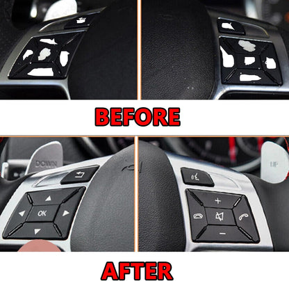 Before and after installation of steering button trim covers on Mercedes