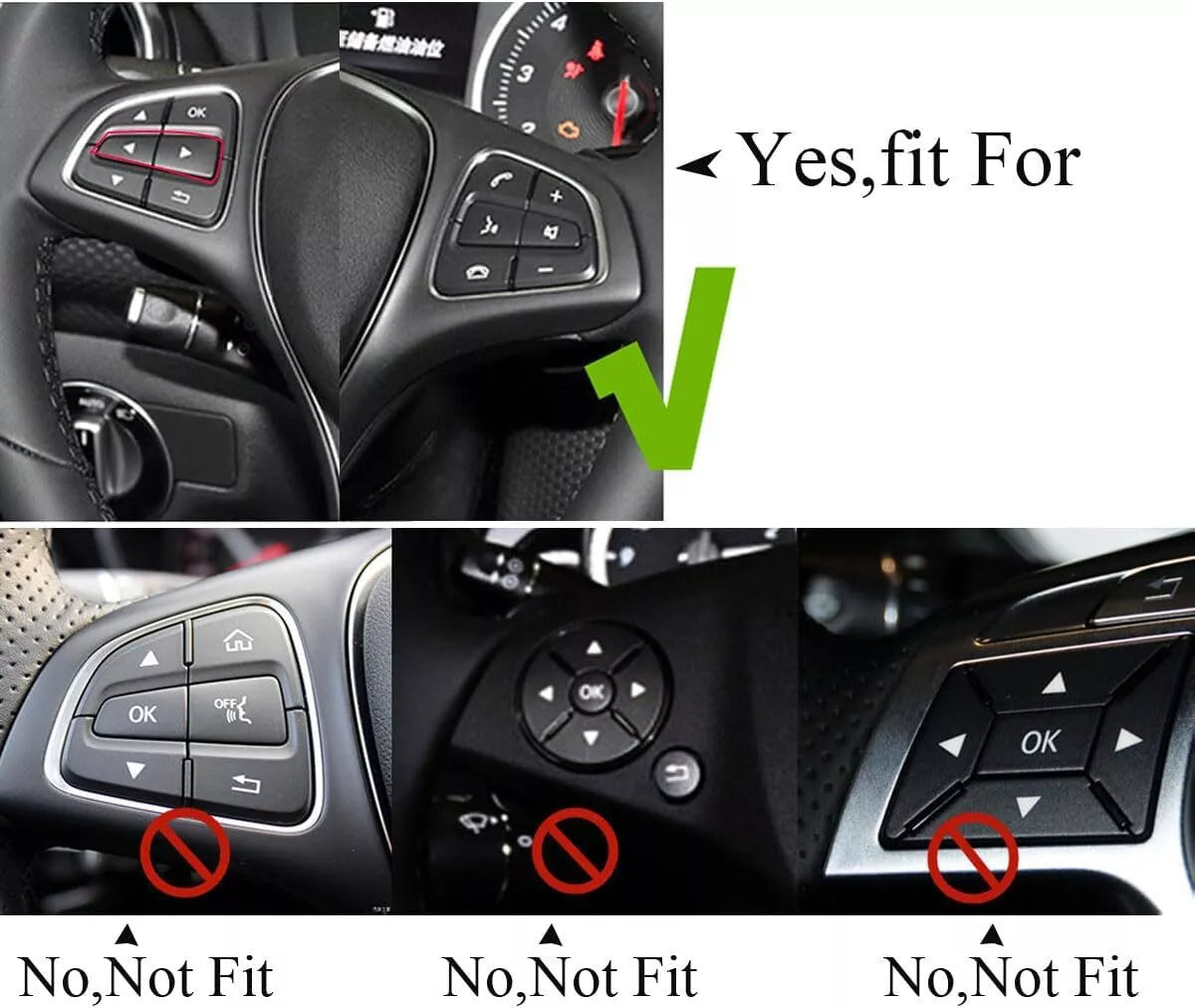 Fitment guide showing compatible and incompatible Mercedes steering buttons