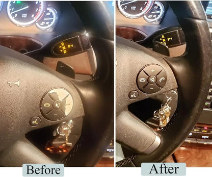 Before and after comparison of worn steering wheel buttons restored with overlay covers