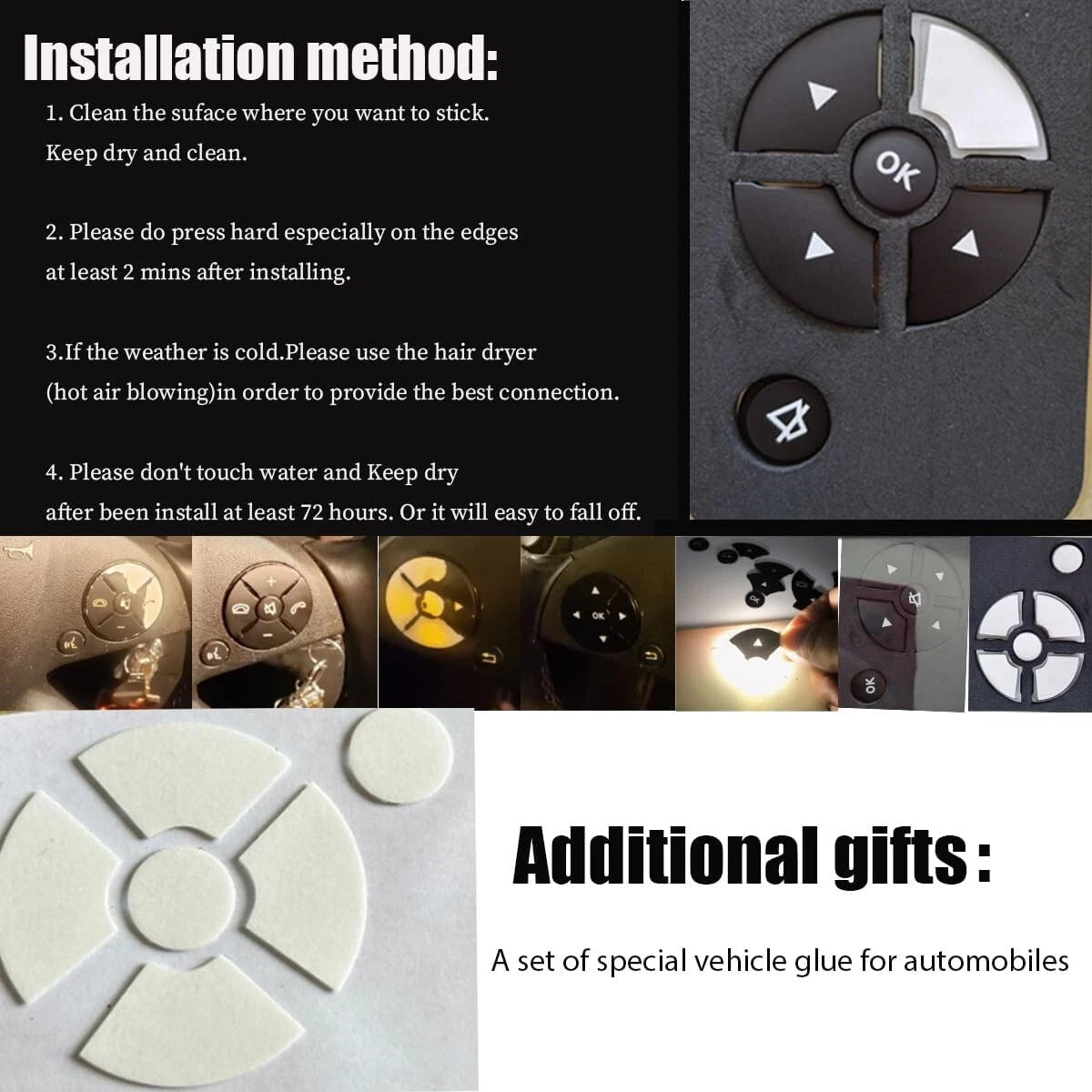 Black button overlay being peeled and pressed onto a steering wheel control pad
