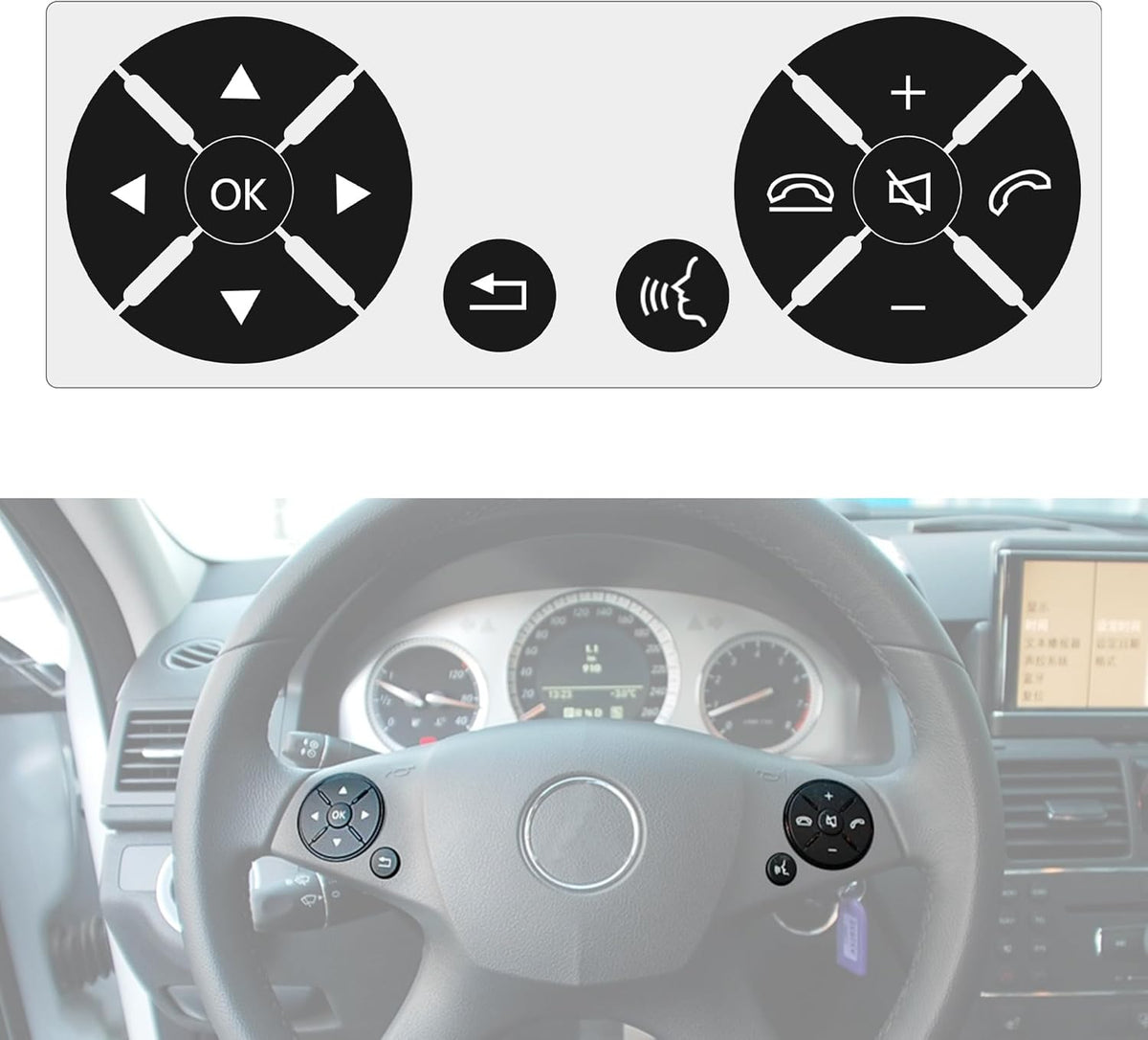 Black steering wheel button overlay set shown above a Mercedes interior, marking where each piece fits