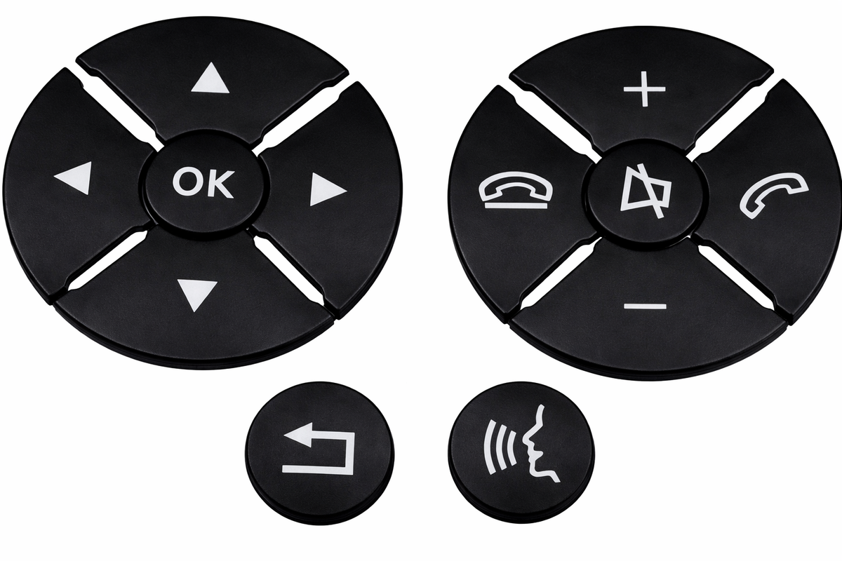 Black Mercedes steering wheel button overlays laid out flat, left and right clusters plus two single buttons