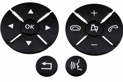 Black Mercedes steering wheel button overlays laid out flat, left and right clusters plus two single buttons