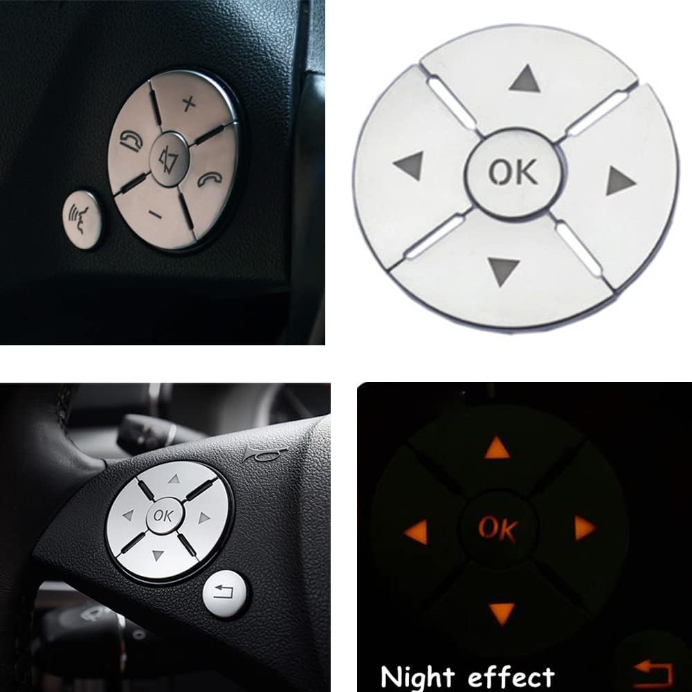 Four-panel comparison showing worn factory buttons, the overlay layout, installation, and night backlighting