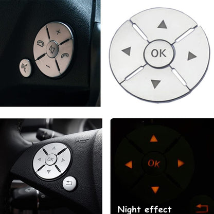Four-panel comparison showing worn factory buttons, the overlay layout, installation, and night backlighting