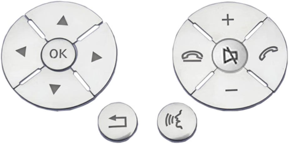 Silver Mercedes steering wheel button overlays laid out flat, left and right clusters plus two single buttons