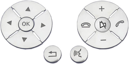 Silver Mercedes steering wheel button overlays laid out flat, left and right clusters plus two single buttons