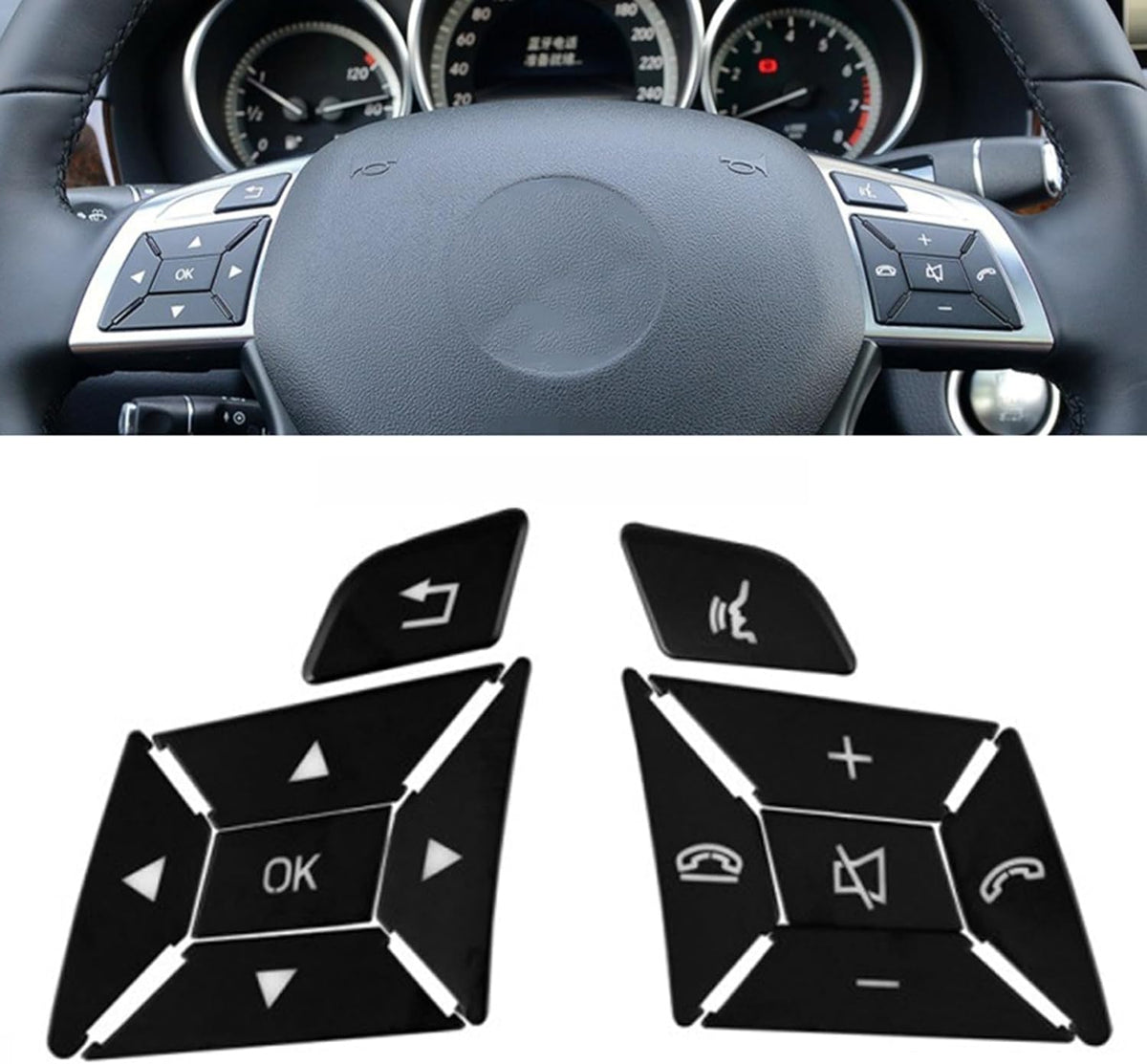 Mercedes steering wheel shown above the black button overlay pieces, marking where each one fits