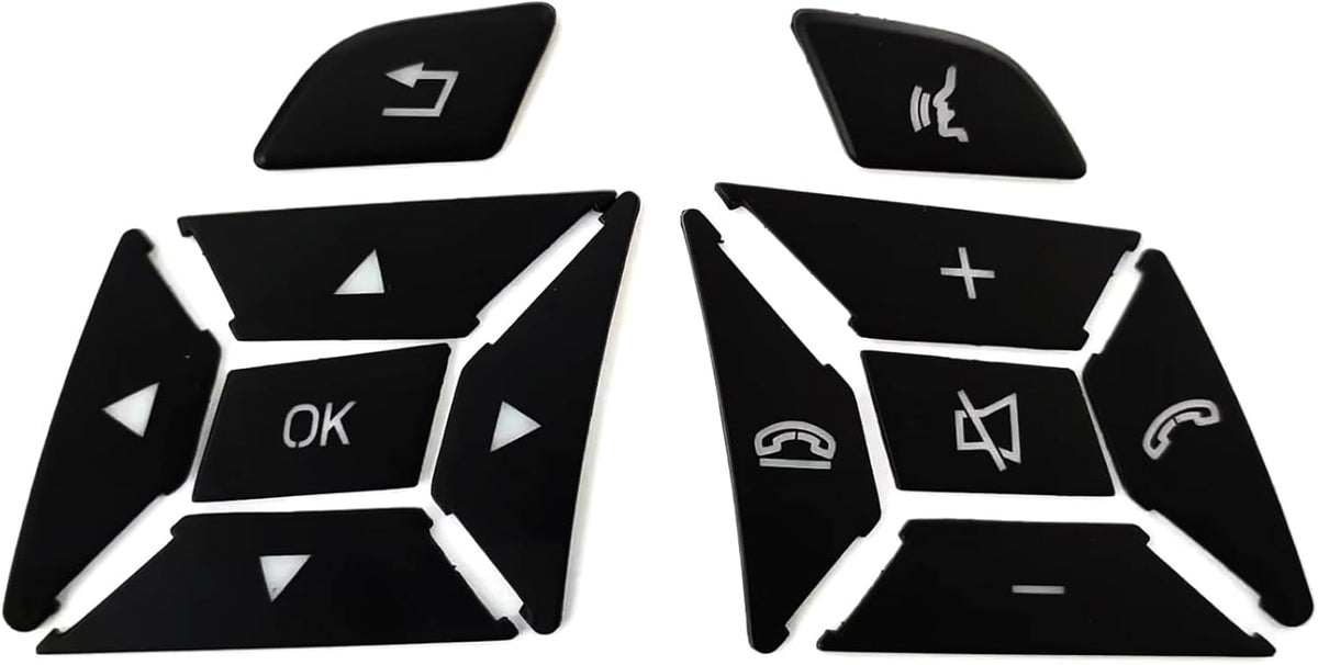 Black Mercedes steering wheel button overlay set laid out flat, left and right clusters