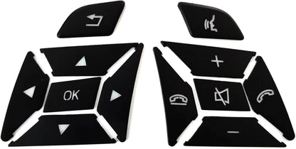 Black Mercedes steering wheel button overlay set laid out flat, left and right clusters