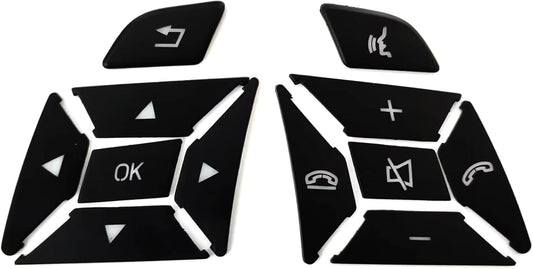 Black Mercedes steering wheel button overlay set laid out flat, left and right clusters