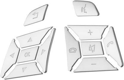 Angled view of the silver button overlay set showing the chrome finish
