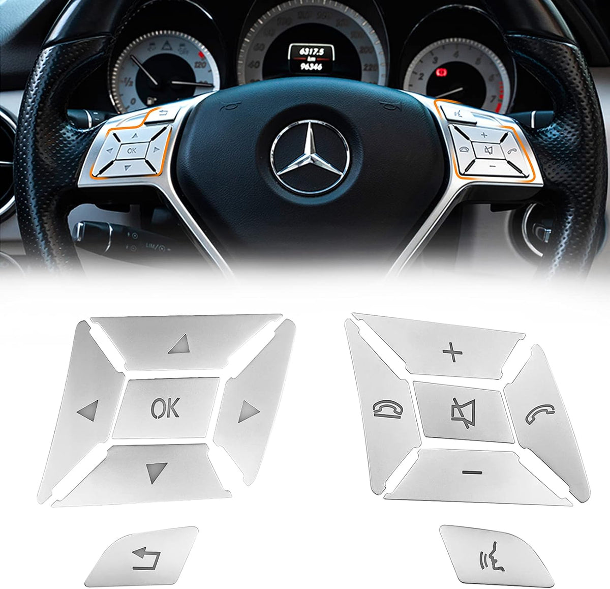 Silver Mercedes steering wheel button overlay set laid out flat, left and right clusters