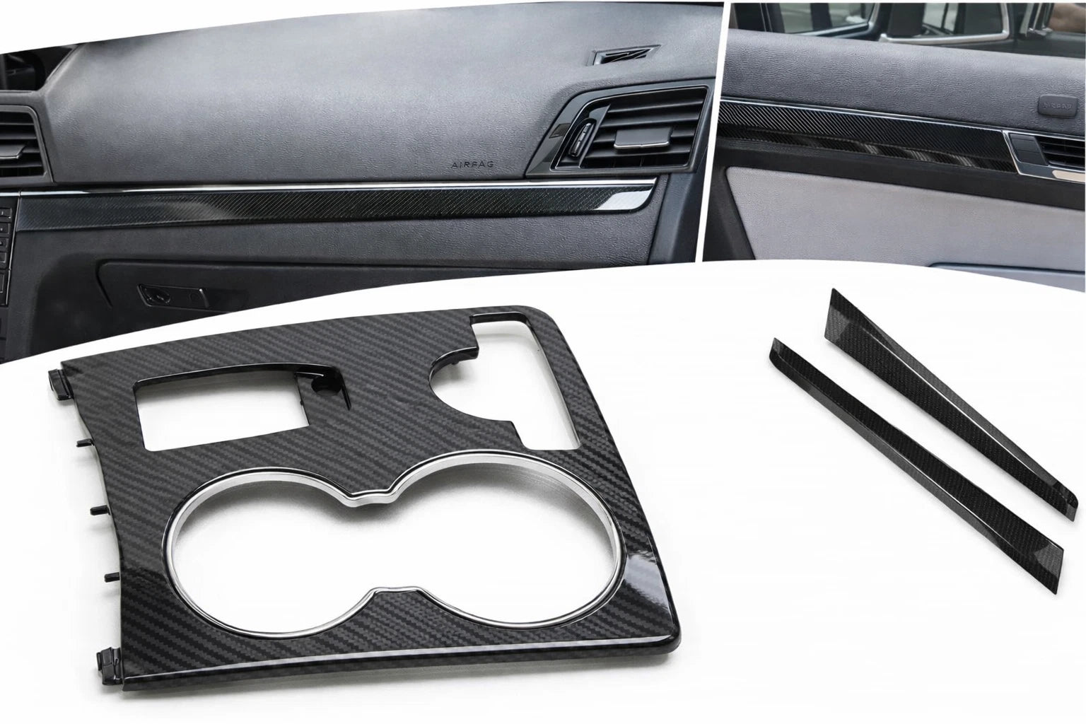 7-piece carbon fiber style interior trim bundle installed in Mercedes E-Class C207 Coupe