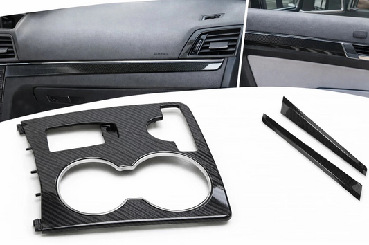 7-piece carbon fiber style interior trim bundle installed in Mercedes E-Class C207 Coupe