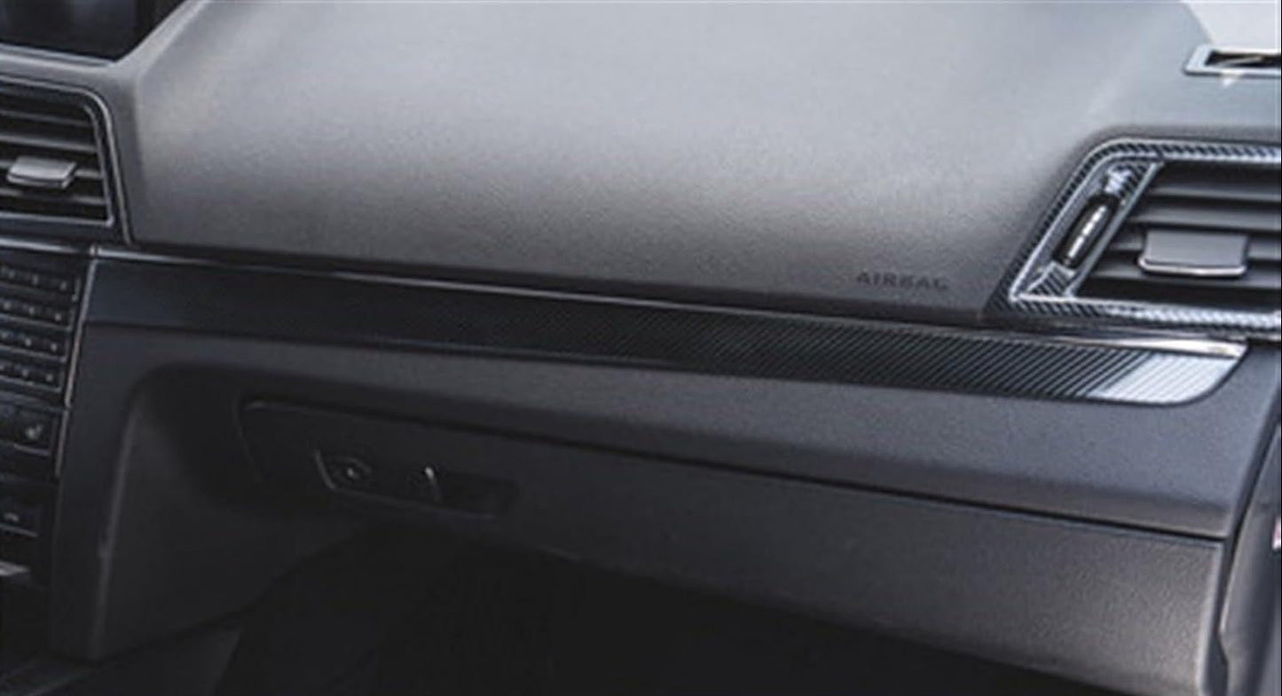 Installed stainless steel carbon fiber style glove box trim in Mercedes E-Class C207 Coupe