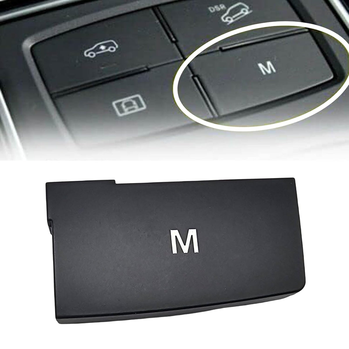 Mercedes center console panel with the M switch circled, above the replacement black button cap