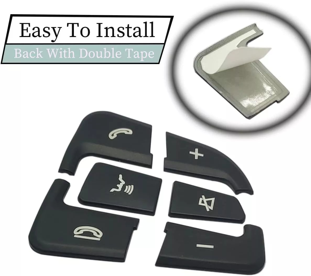Pre-applied adhesive backing and peel-and-press installation steps for the black steering wheel overlay set