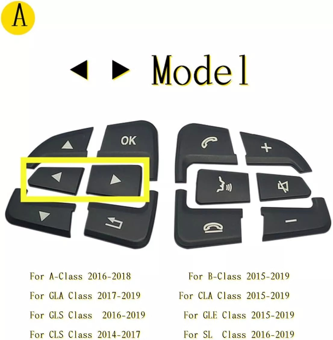 Chart listing the Mercedes-Benz models this steering wheel button overlay set covers