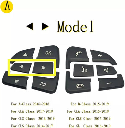 Chart listing the Mercedes-Benz models this steering wheel button overlay set covers