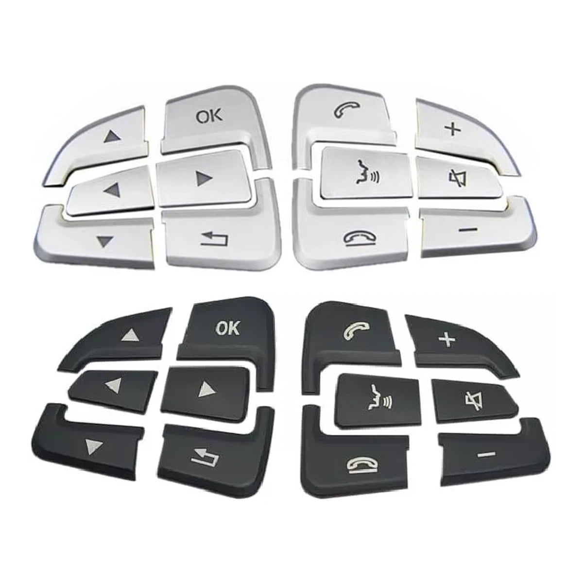 Silver and black Mercedes steering wheel button overlays, 12 pieces per set, left and right clusters