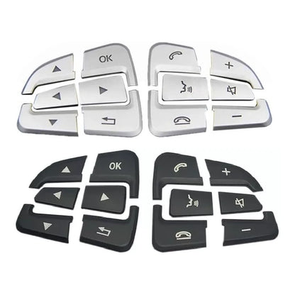 Silver and black Mercedes steering wheel button overlays, 12 pieces per set, left and right clusters