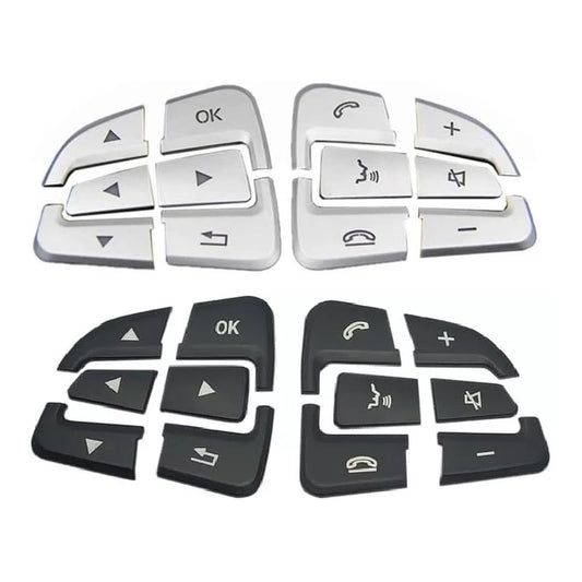 Silver and black Mercedes steering wheel button overlays, 12 pieces per set, left and right clusters