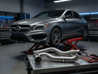 Mercedes-AMG CLA45 and GLA45 M133 catless downpipe, 3 inch mandrel-bent 304 stainless steel