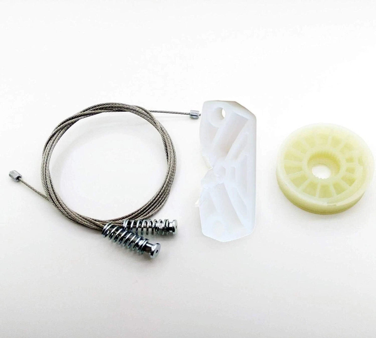 Mercedes CLK W209 rear quarter window regulator repair kit contents: steel cable, carrier and pulley