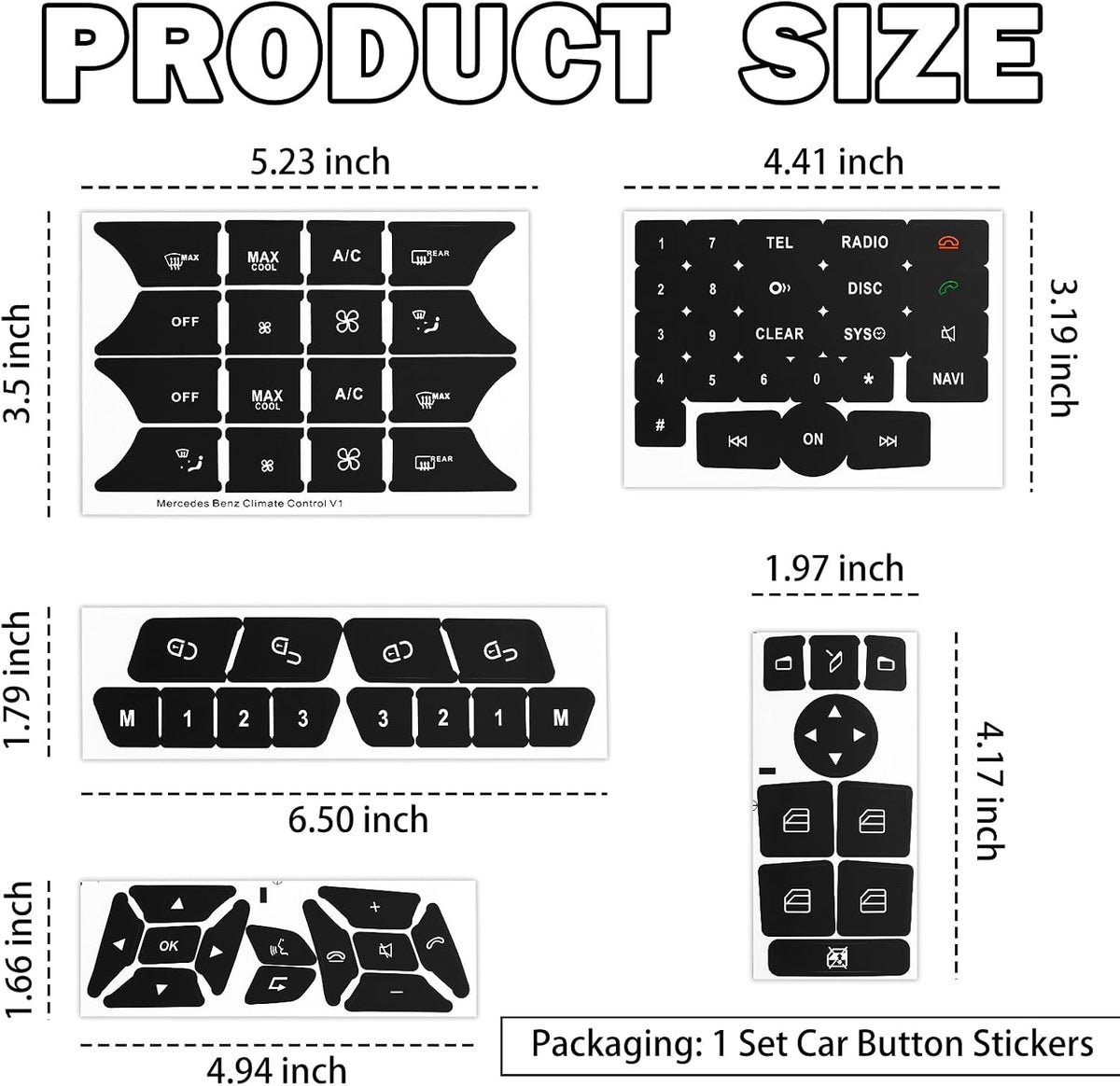 Dimension diagram showing the size of each decal panel in the dashboard button repair kit