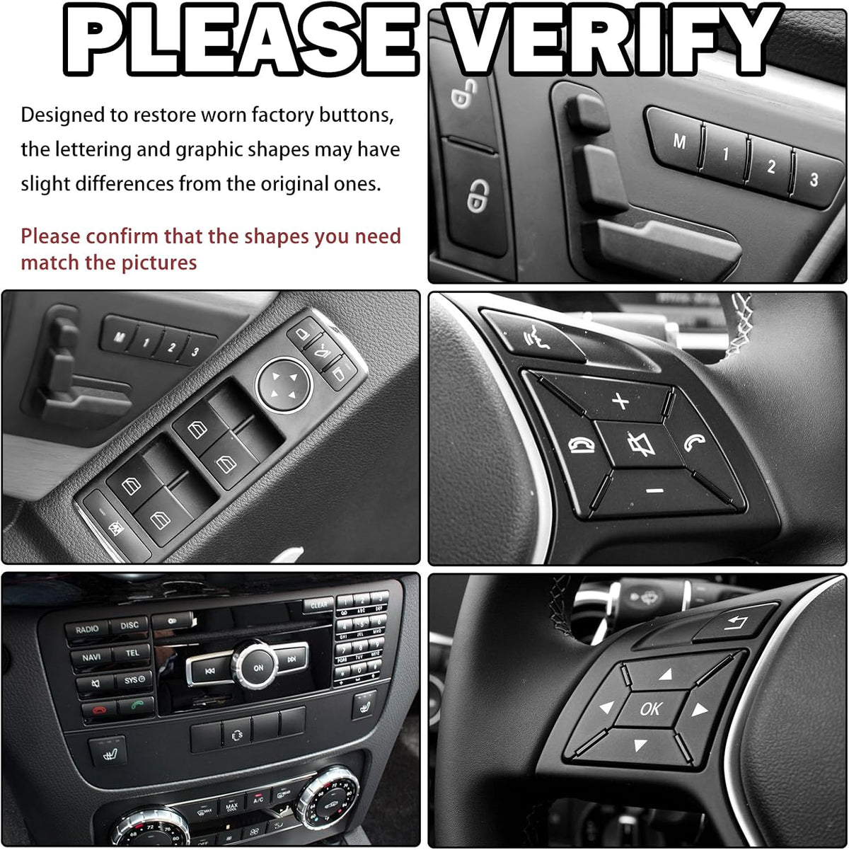 Close-up photos of Mercedes climate, radio and console panels for checking button layout before fitting