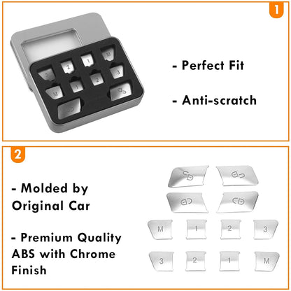 Silver button covers laid out with callouts for precise fit, scratch resistance and chrome-finish ABS