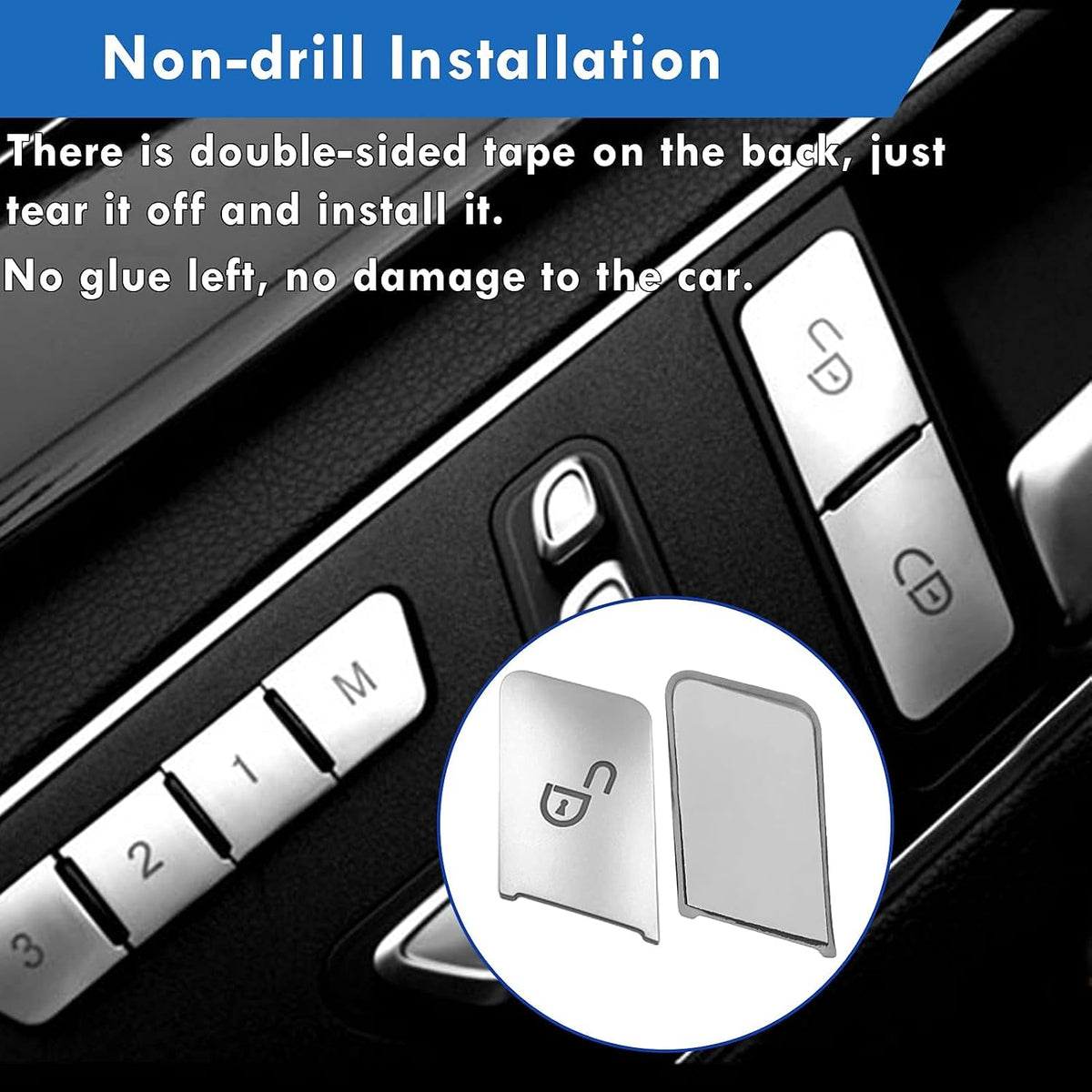 No-drill installation diagram showing a silver button cover being pressed onto a Mercedes door switch