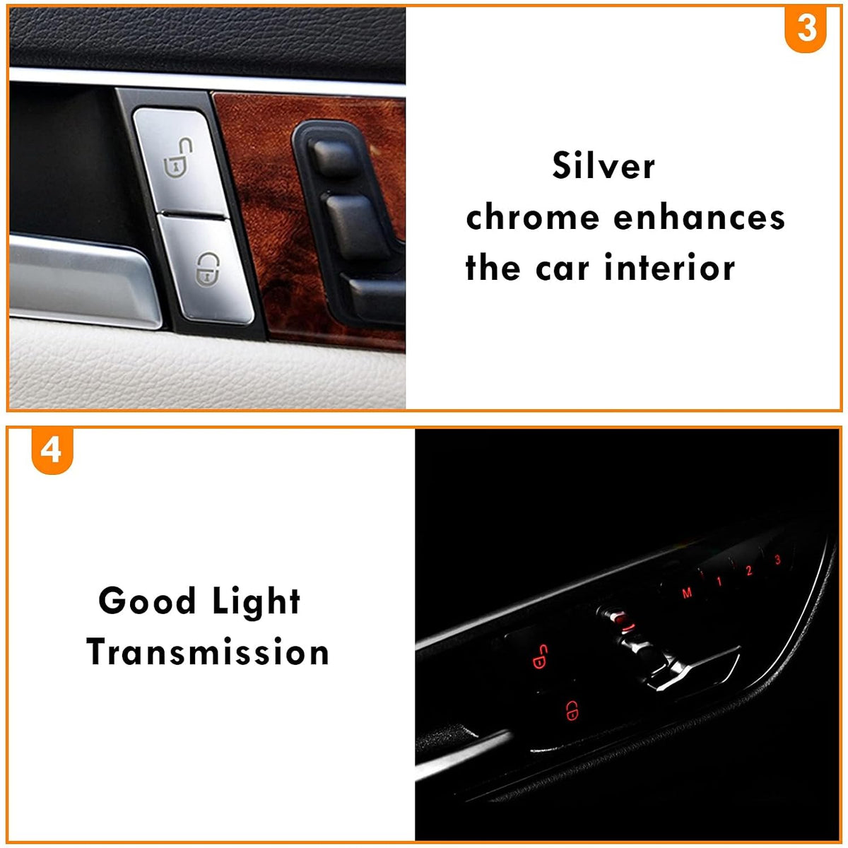 Silver button covers installed on a wood-trim door panel beside the same switches lit at night