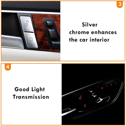 Silver button covers installed on a wood-trim door panel beside the same switches lit at night